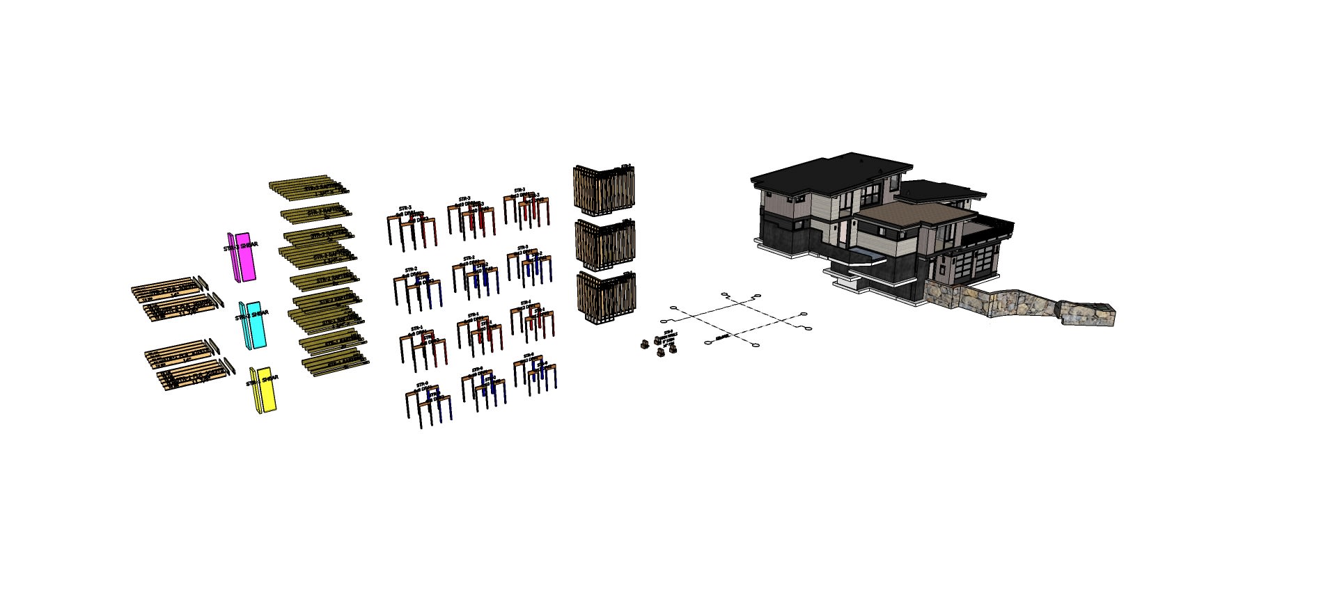 Screenshot of a residential architectural model in SketchUp with engineering components shown beside it