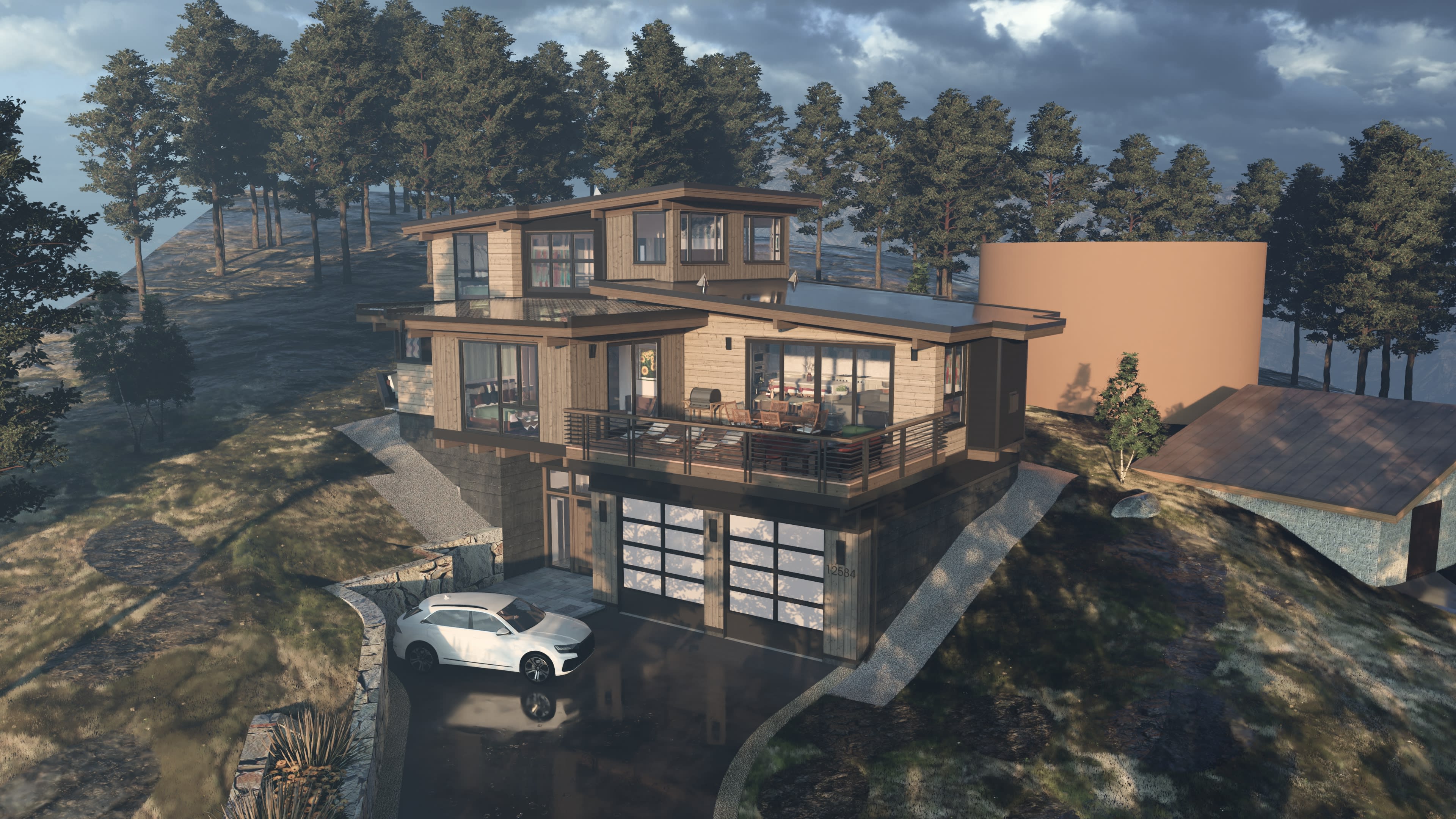 Image of a SketchUp rendering of a three-story house
