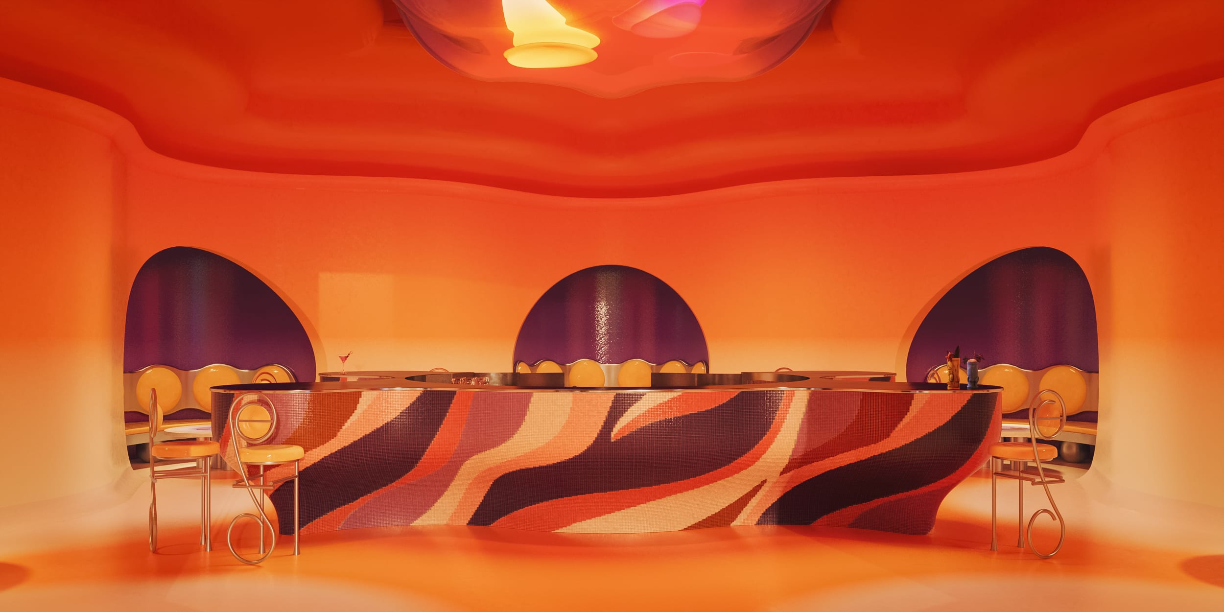 Render of a fictional bar with a mosaic bar table and curved chairs in a bright orange room with rounded edges.