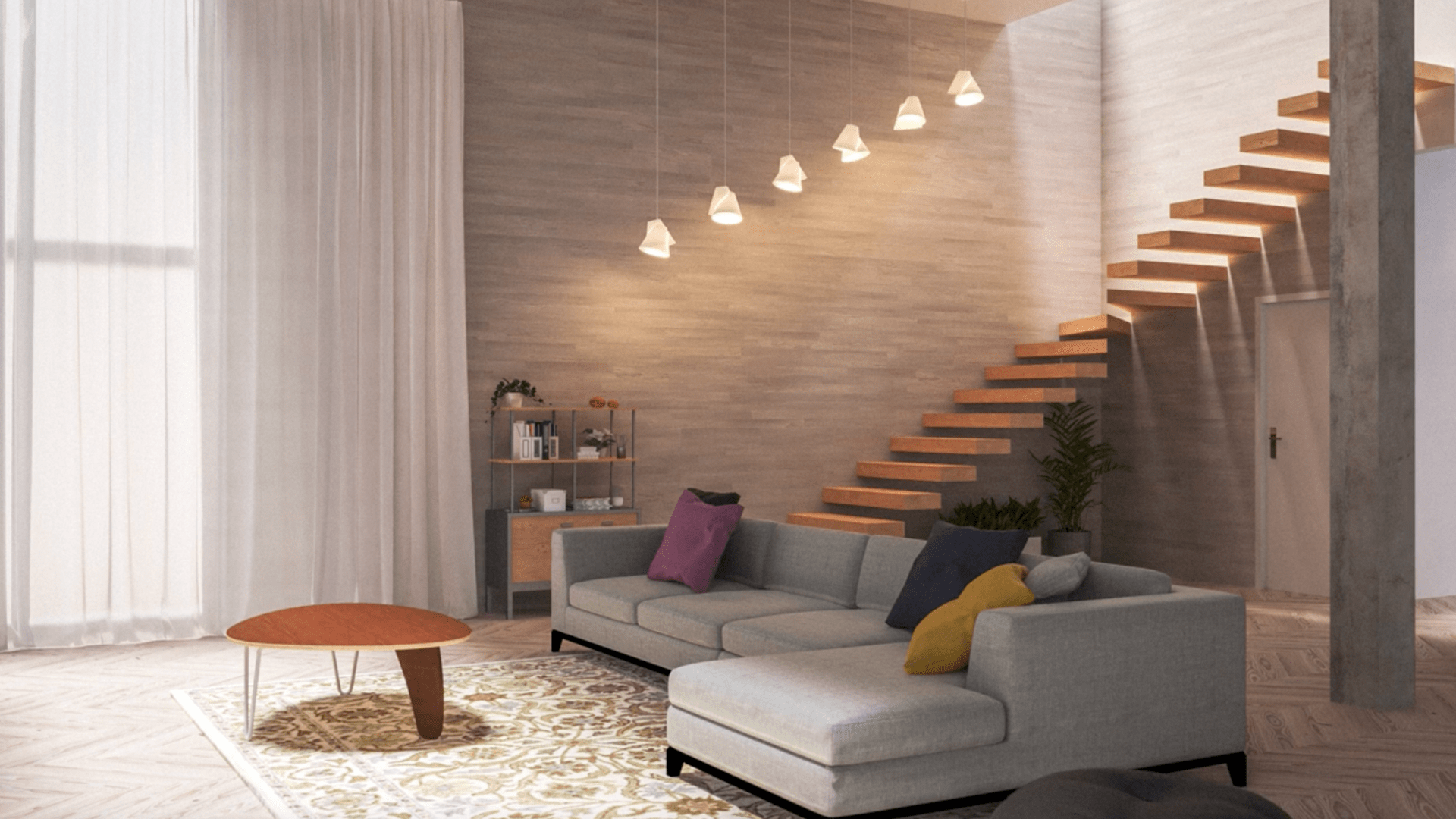 Render shows a living space with a sofa, table and other furniture from the 3D warehouse.