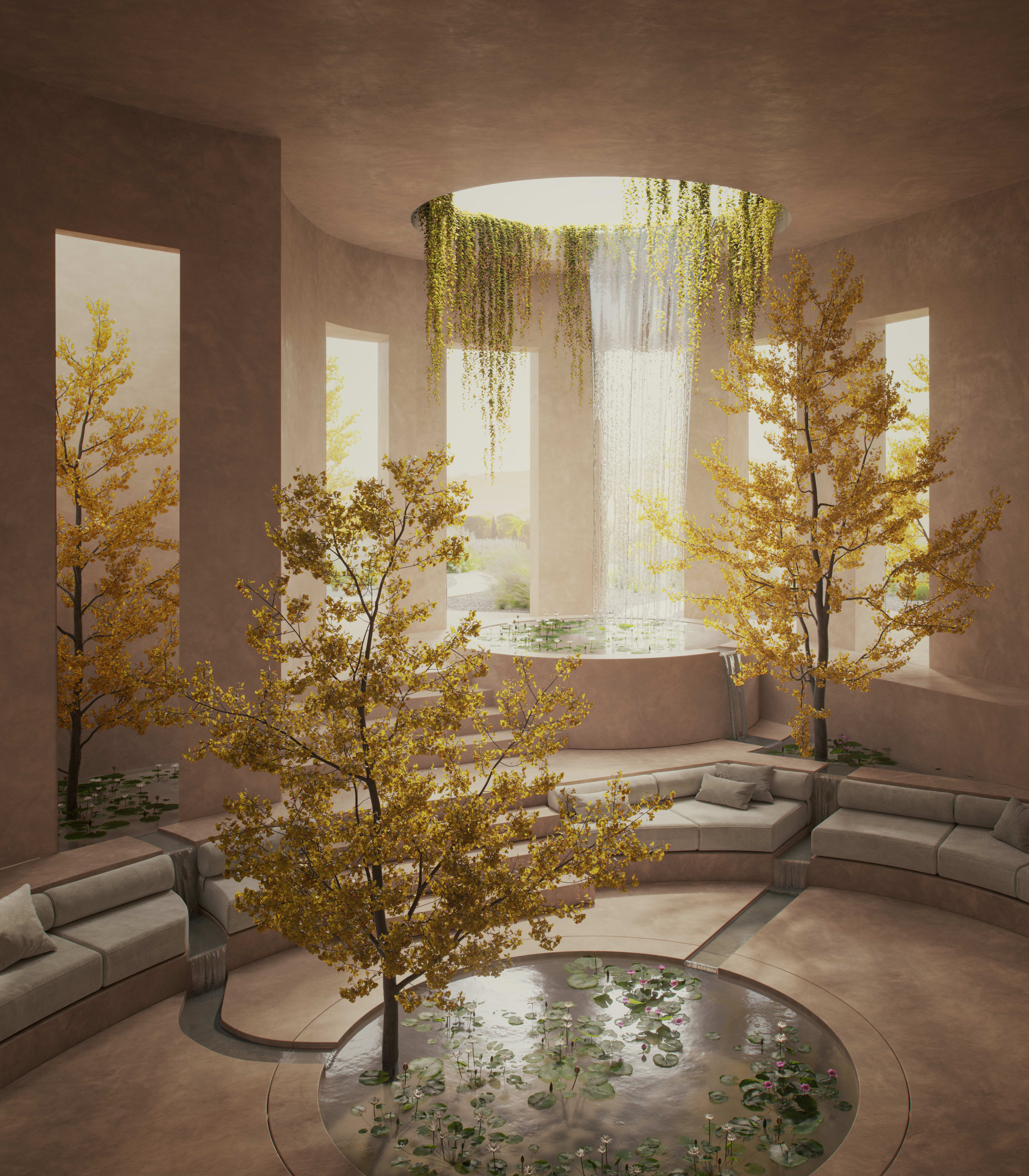 Interior design of a room with elements of nature within it, three trees are planted within the room growing out from a pool of water.