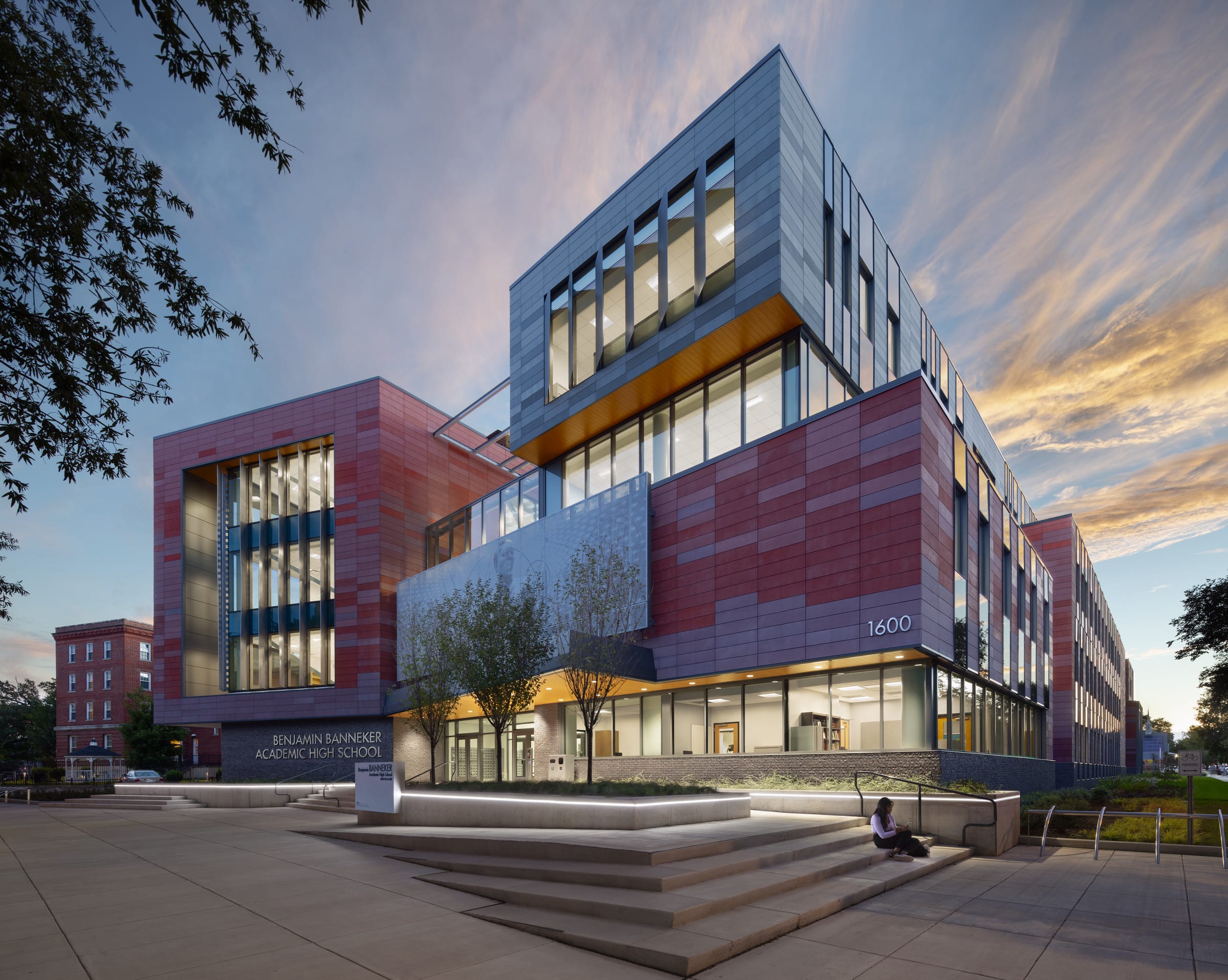 Benjamin Banneker High School, a modern shaped building with a red facade