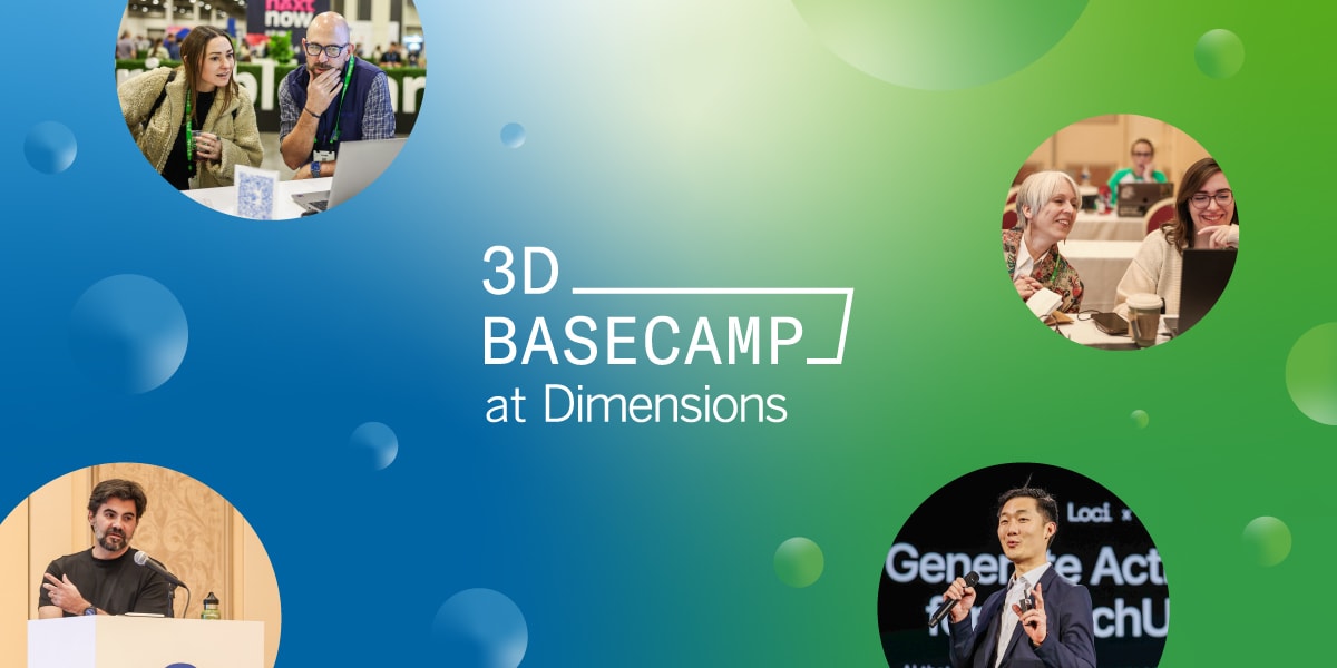 photos of people at the 3D Basecamp conference in a bubble design with a green and blue background