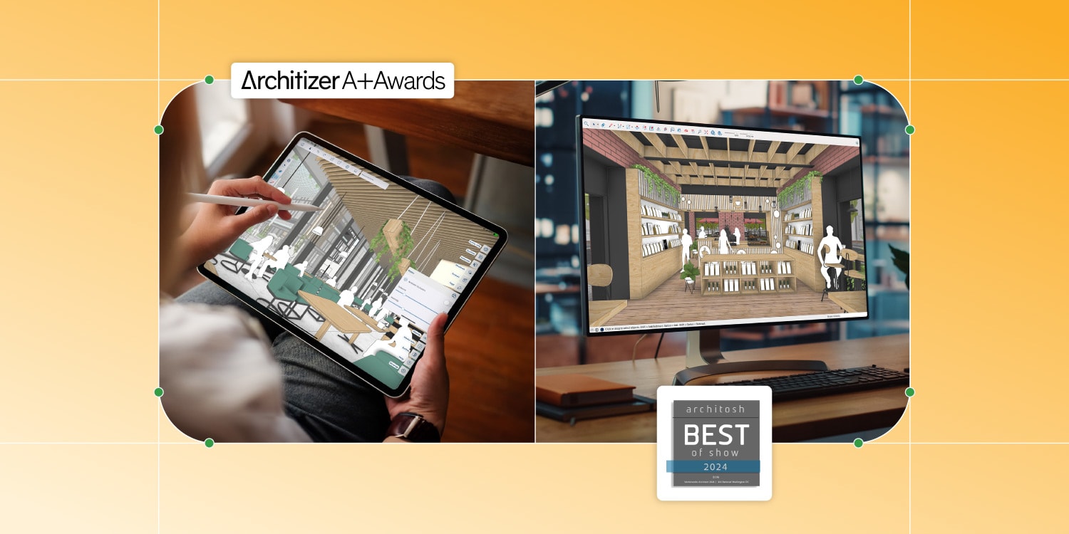 Still images of SketchUp in use, with a yellow background and title tag of the Architizer Award
