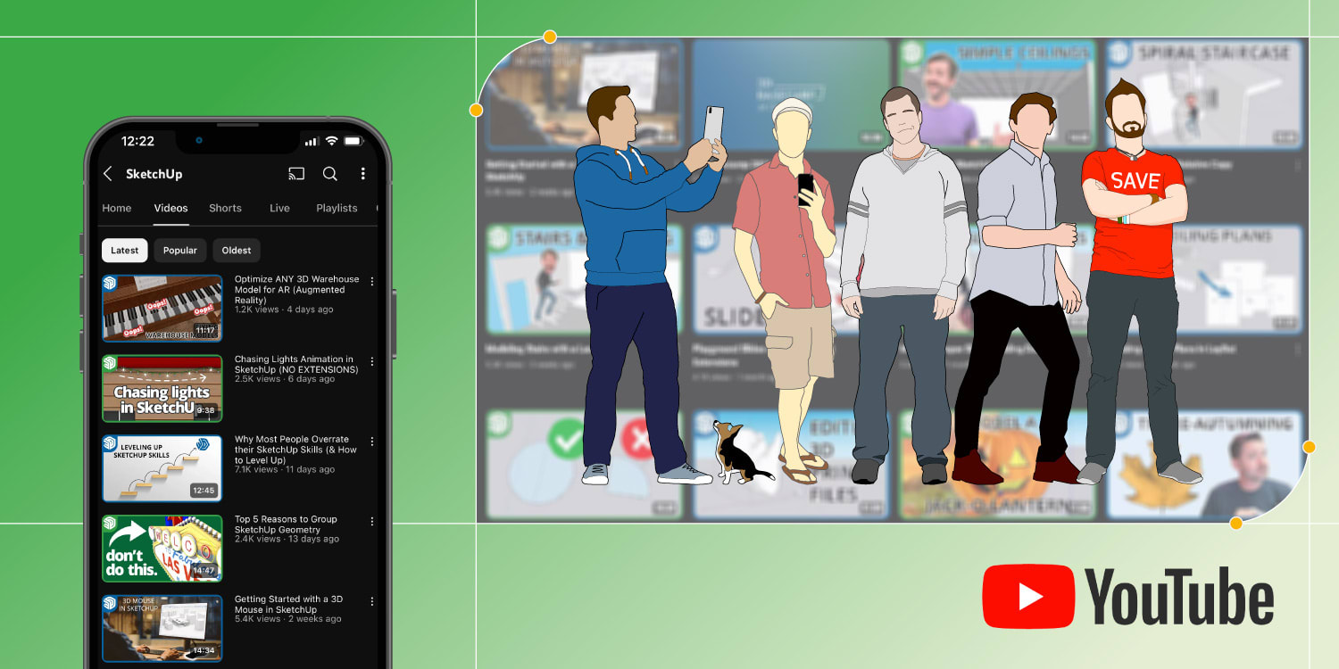 phone with SketchUp's YouTube channel videos and 3D model figures next to it with a green Background and the YouTube logo