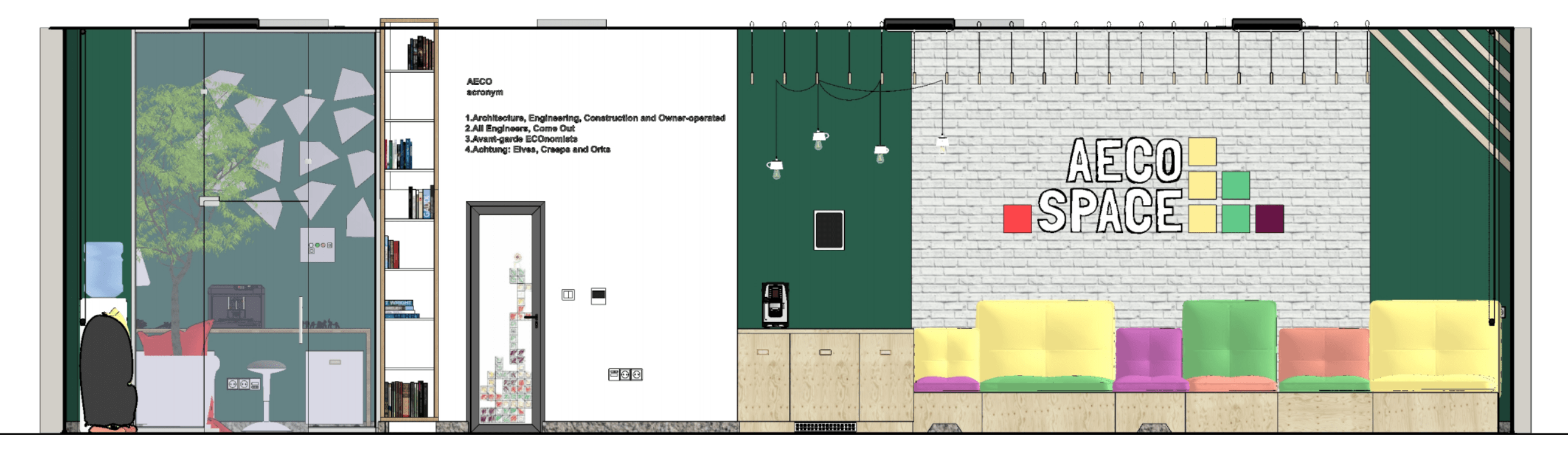 Sectional elevation across the AECO Space office. Drawn using SketchUp Pro and compiled in LayOut.