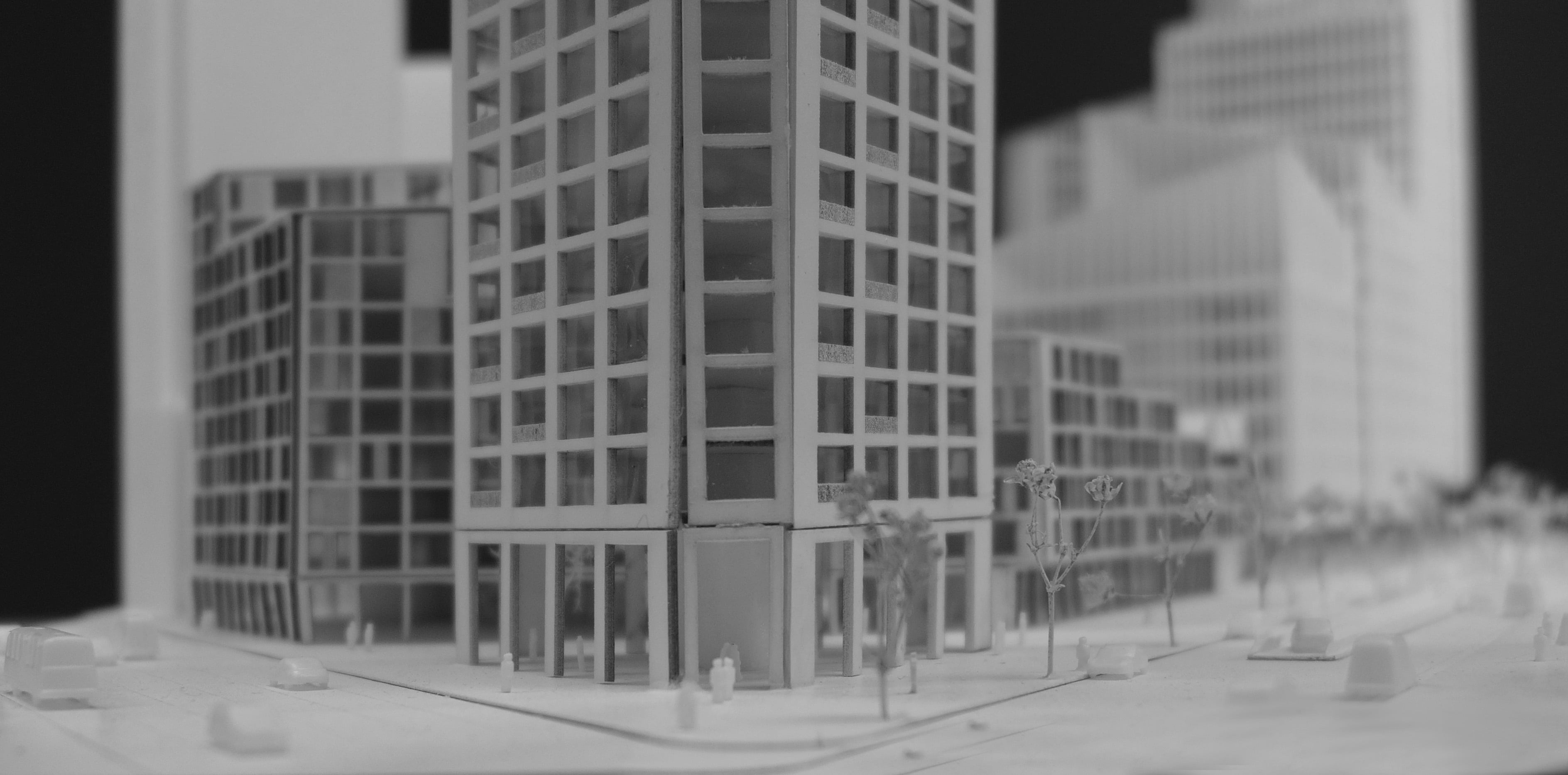 3D printed architectural model of a building with outdoor space