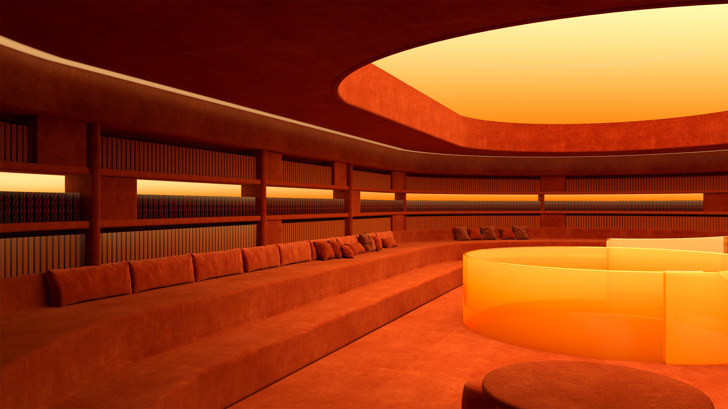 Render of the pause and play area featuring orange stepped seating and an orange overhead skylight