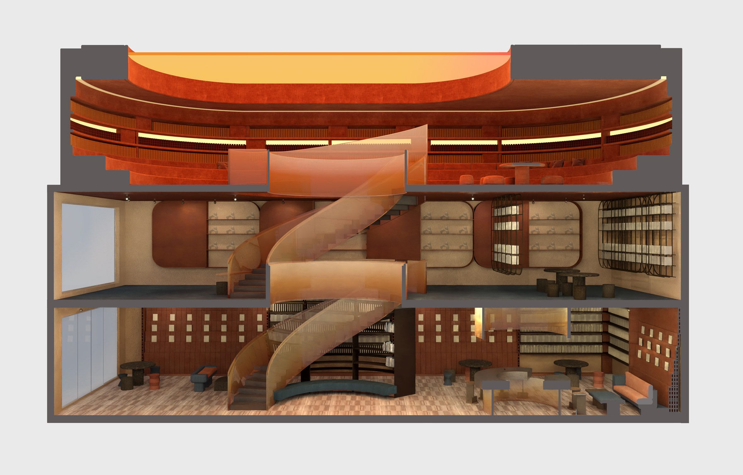 Render showing the spiral staircase throught the different floors in the library