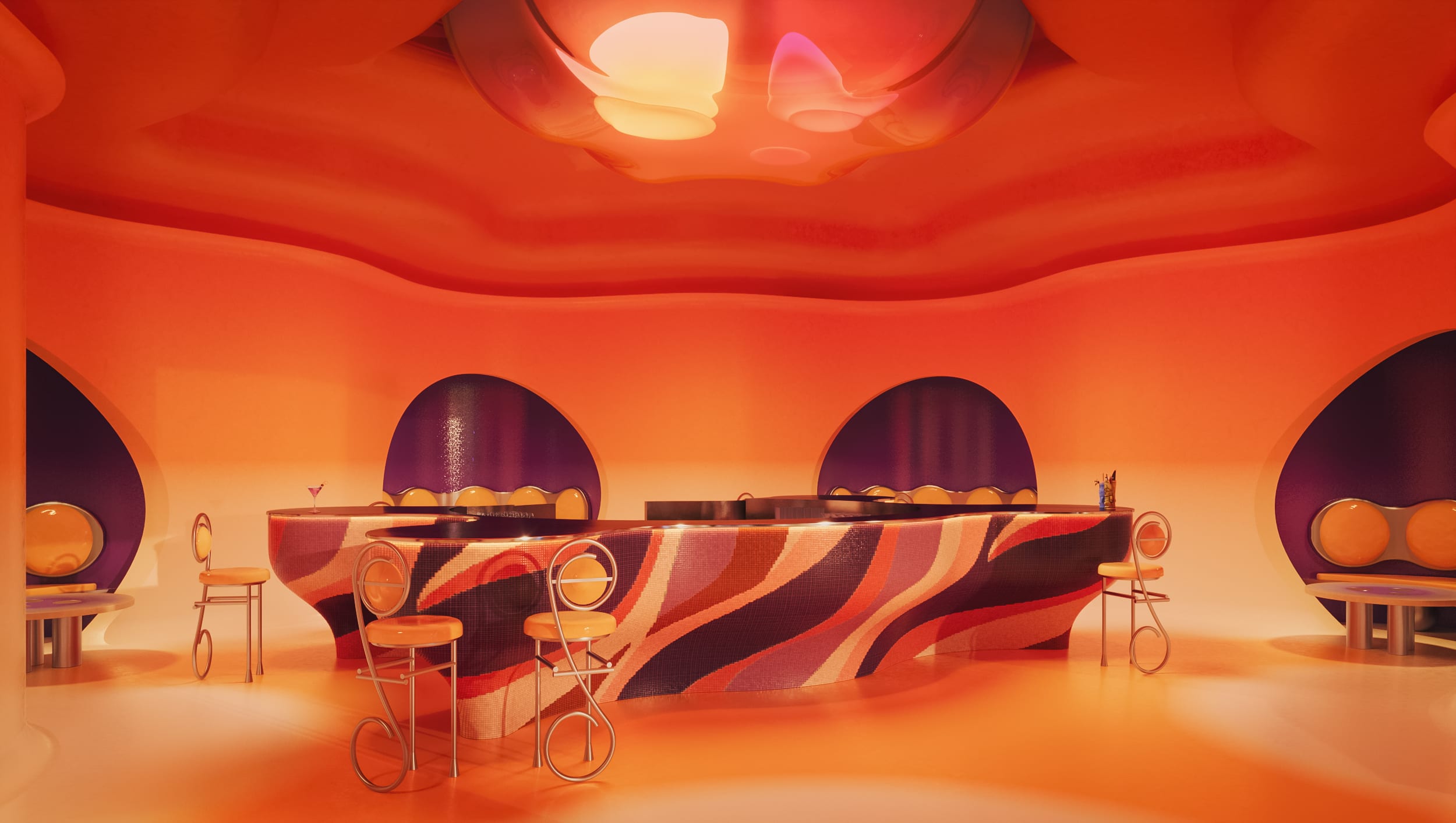 Render of a fictional 70s-themed bar with chairs around it, using soft lines and bright orange, pink, and red