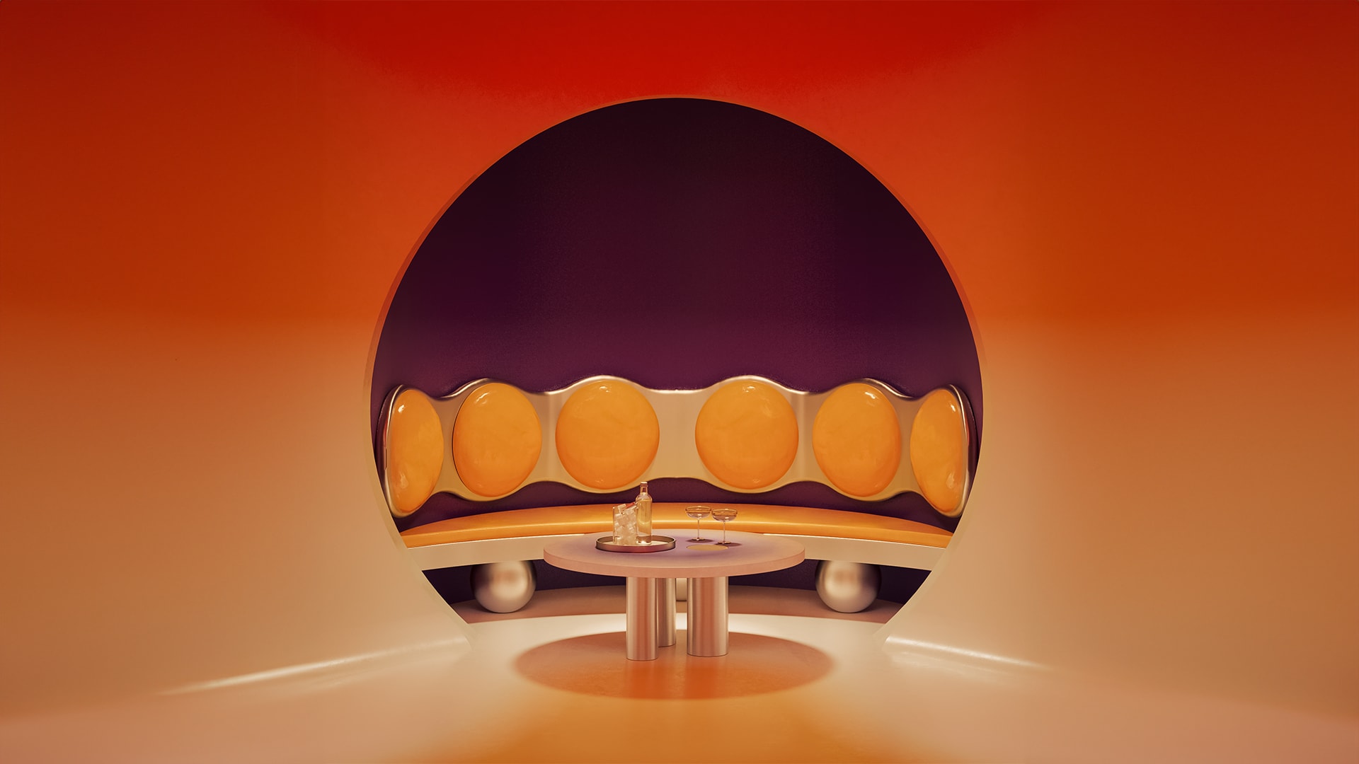Render of alcove seating area in the 70s-themed bar, with gradient orange ombre walls, orange circular-shaped seating elements, and cookie-shaped table 