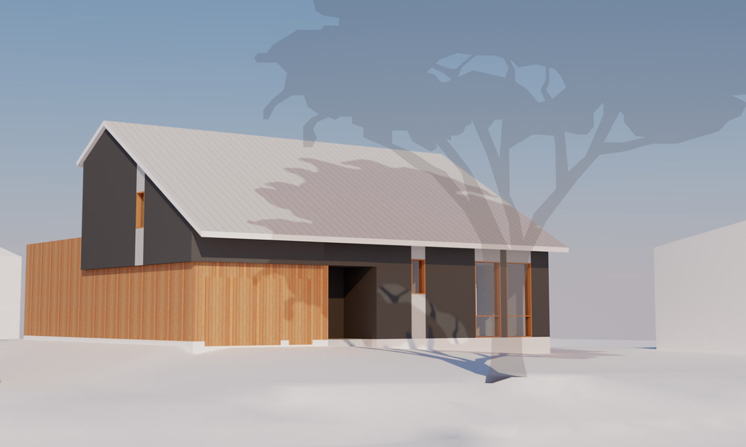Render of a house showing the shadow of a tree infont