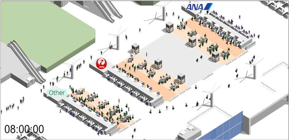 SketchUp model of a busy airport terminal with people and various airline check-in desks 