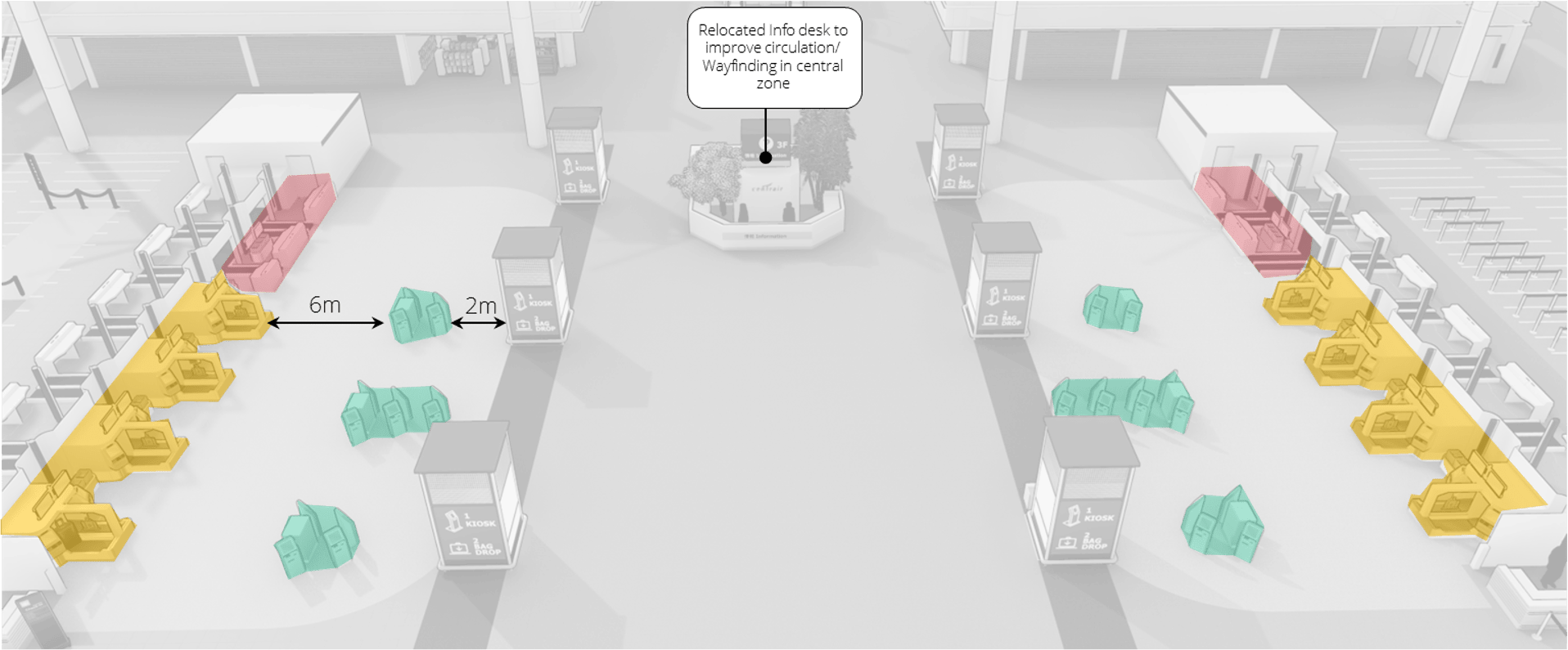 SketchUp model shows the wayfinder area in an airport showing the information desk and surrounding area 