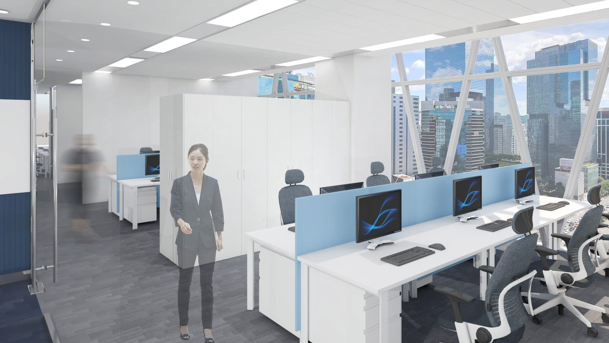 Render of a commercial office space showing two meeting rooms with glass doors and a TV on the wall.