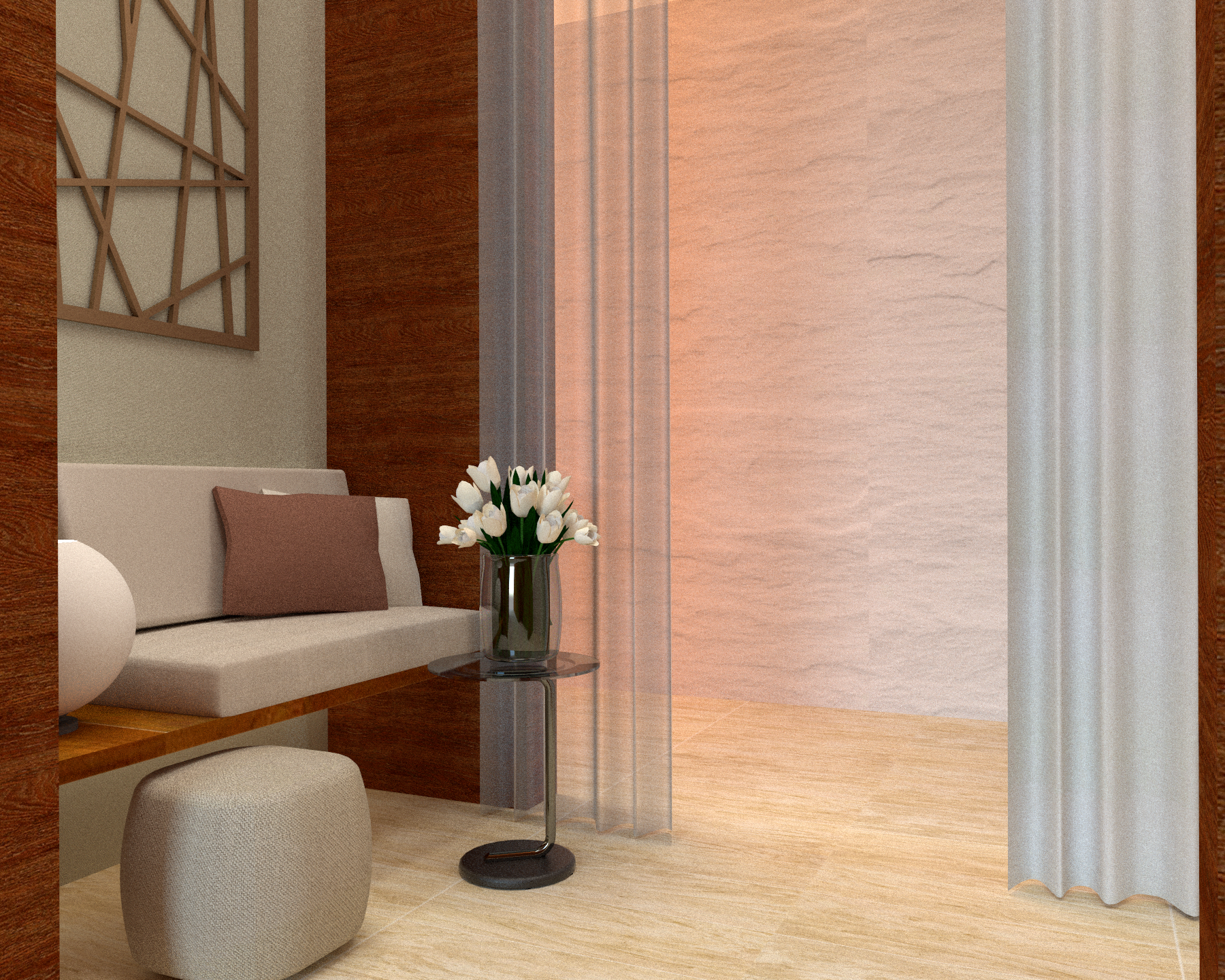 SketchUp render of a small wall-mounted bench with pillows, a side table with a vase of flowers, and a wall with curtains.