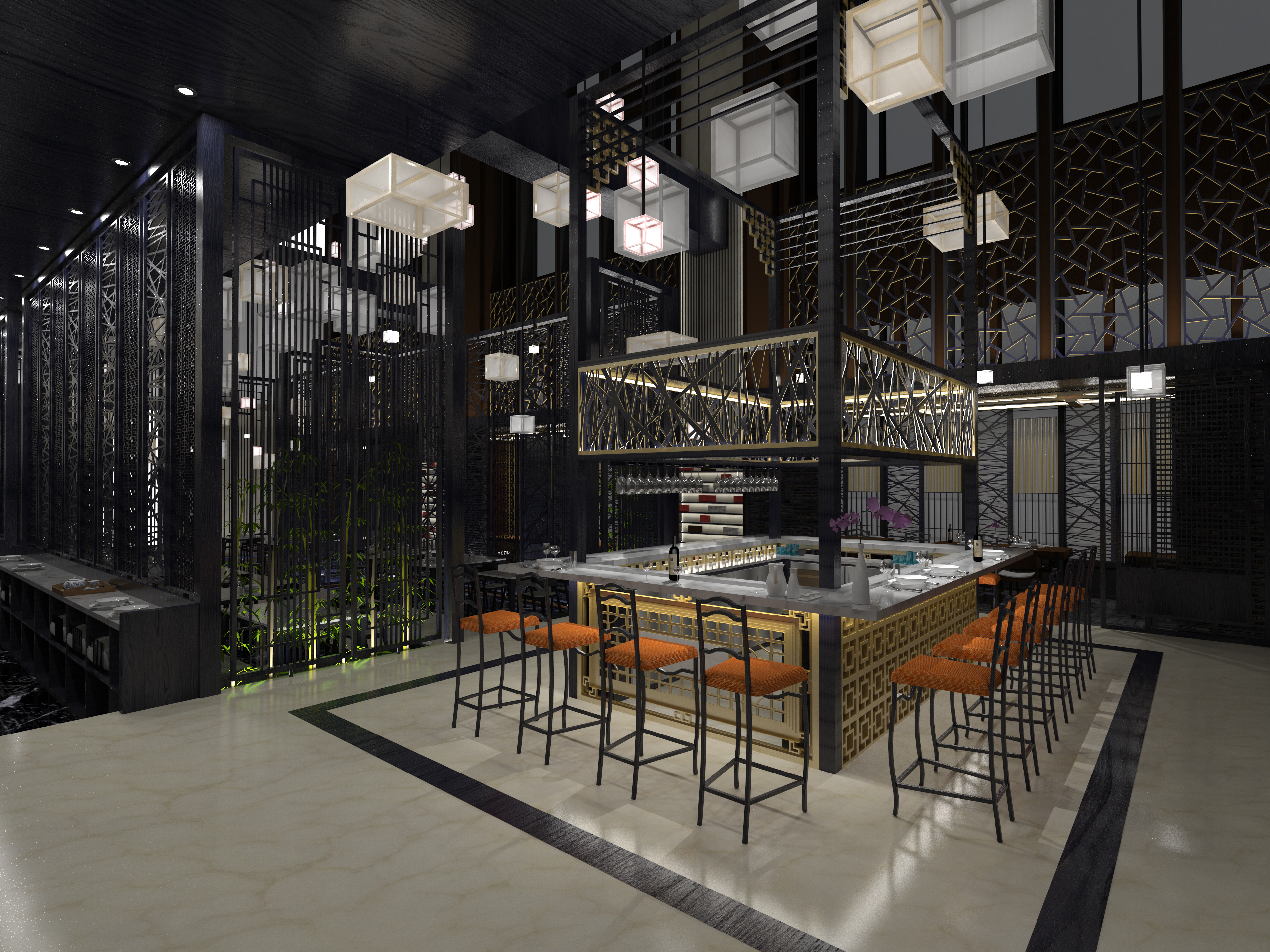 Rendering of a modern luxury hotel lobby bar using dark colors and ornate metal work around the bar.