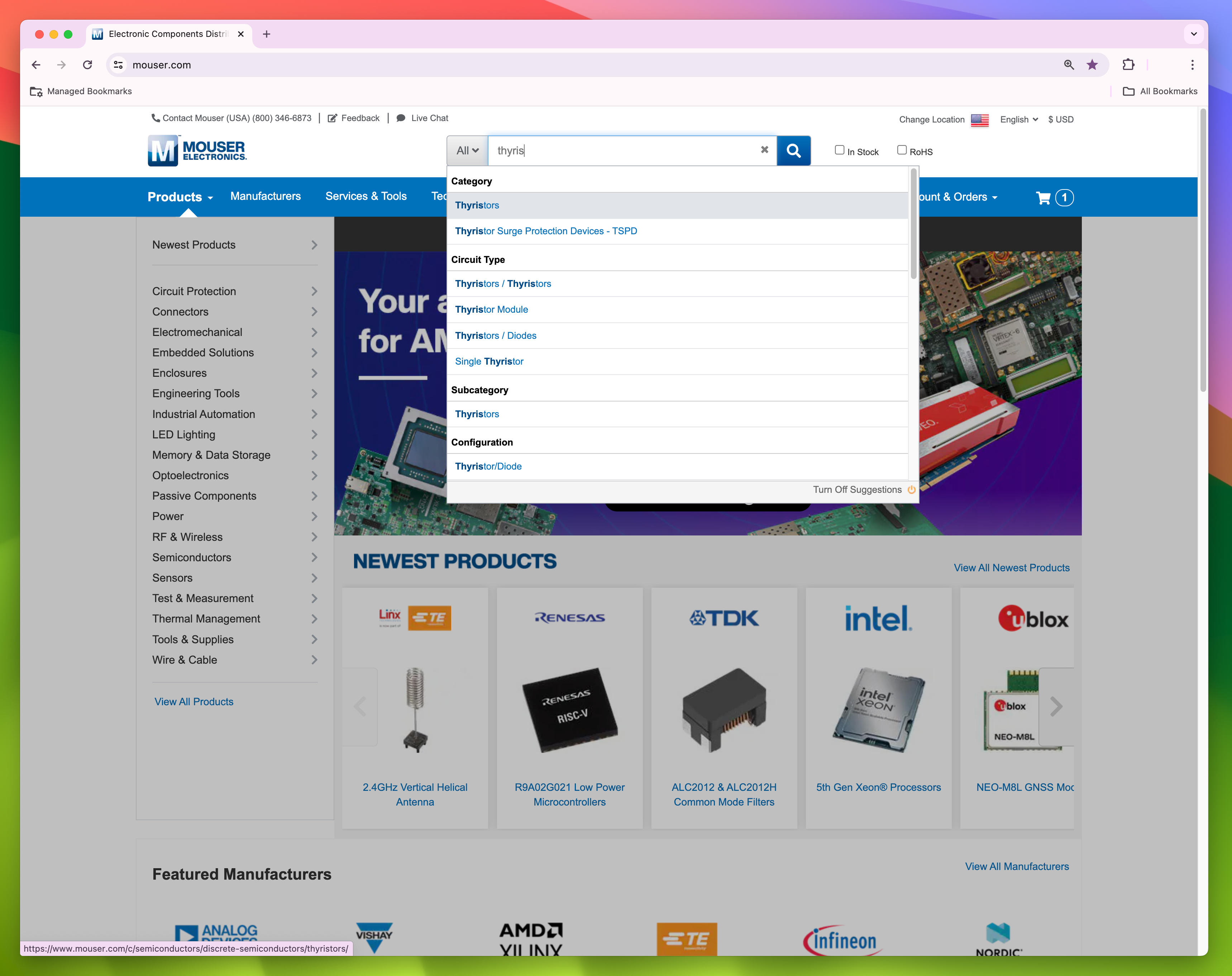 Screenshot with Mouser's scope search advanced type ahead features