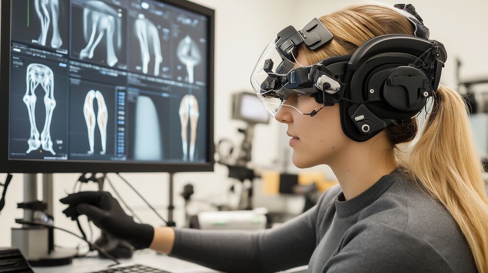 Female robotics engineer testing prosthetic 