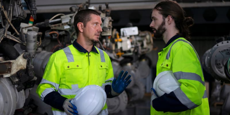 2 workers talking in a robotic arm factory.