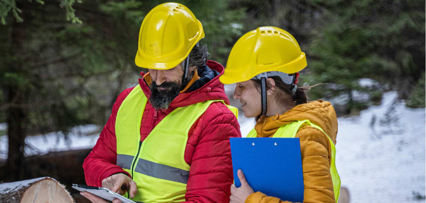2 workers outdoors in the winter looking at a tablet.