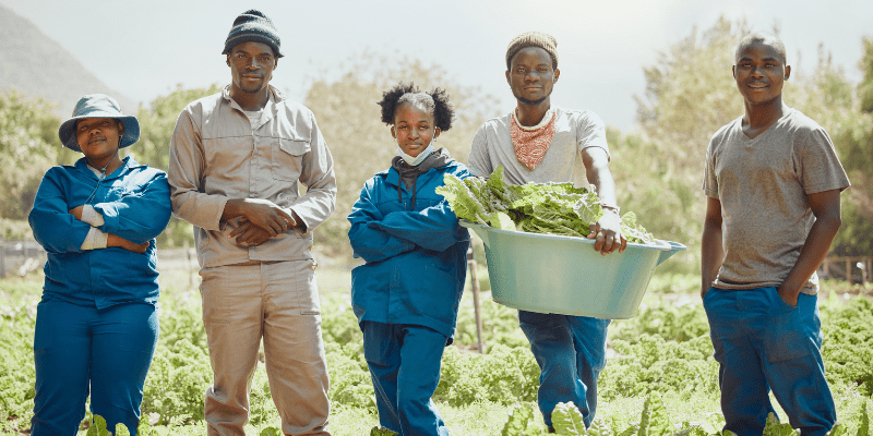A group of workers on a farm standing in a field.