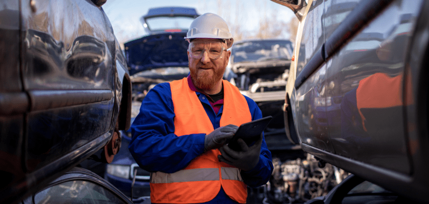Male worker in an automotive junkyard
