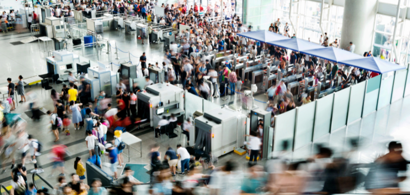 Overhead shot of a busy airport.