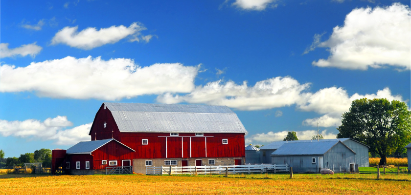 Rural lanscape with red barn in rural Ontario, Canada.