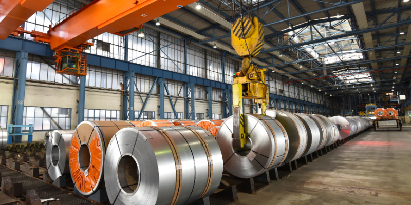Industrial plant for the production of sheet metal in a steel mill.