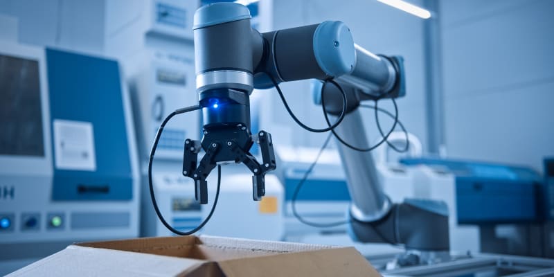  Programmed Robot arm Packing Metal Components into Cardboard Box. Production Line Machine Picks Packs Product into Package on Conveyor. Fully Automated Warehouse Robotics