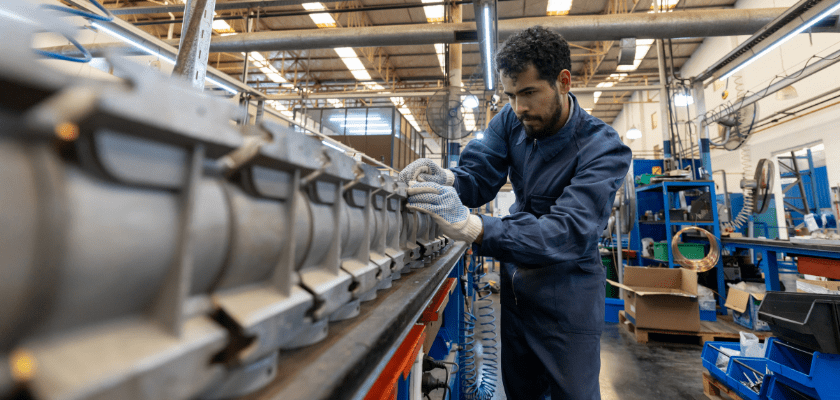 Young man working at a manufacturing water pump factory