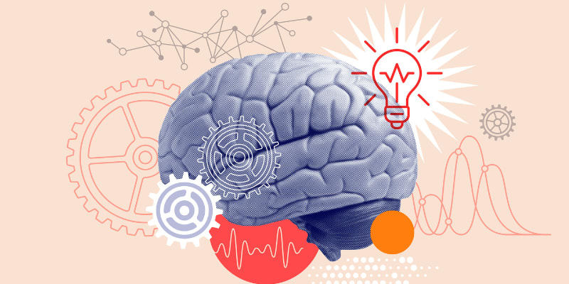 Collage illustration of thinking mind brain power concept.