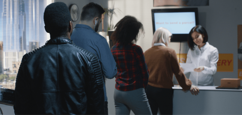 Long long up for customer service in a store.