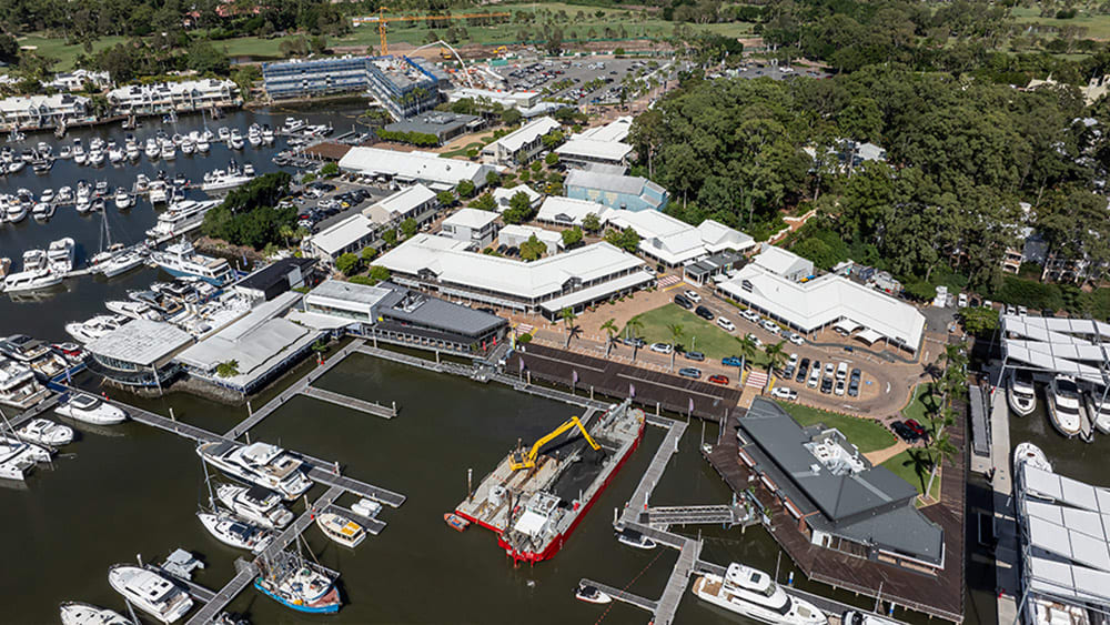 Aerial view of the marina and dredging