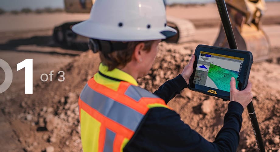 Civil contractor using construction technology in the field with a text overlay indicating this is the first article of a three-part series
