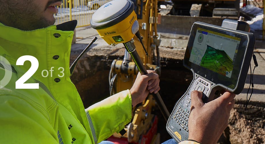 Civil contractor using construction technology in the field with a text overlay indicating this is the second article of a three-part series
