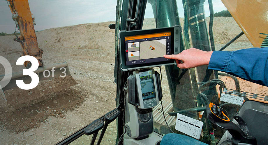 Civil contractor using construction technology on a machine in the field with a text overlay indicating this is the third article of a three-part series
