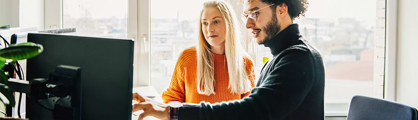 Two people standing at an office desk looking at a computer monitor