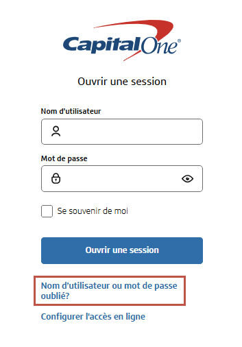 &Eacute;cran d&rsquo;ouverture de session des services bancaires en ligne de Capital One Canada.