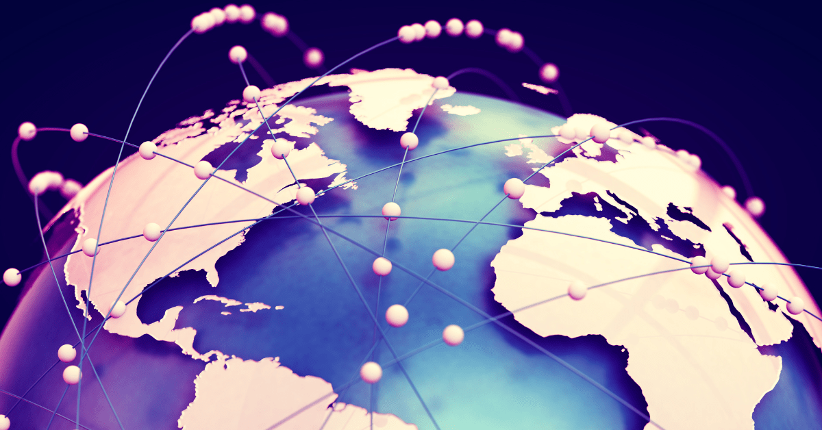 Une image de la terre entourée d'un réseau de connexions, représentant les connexions entre les différentes nations