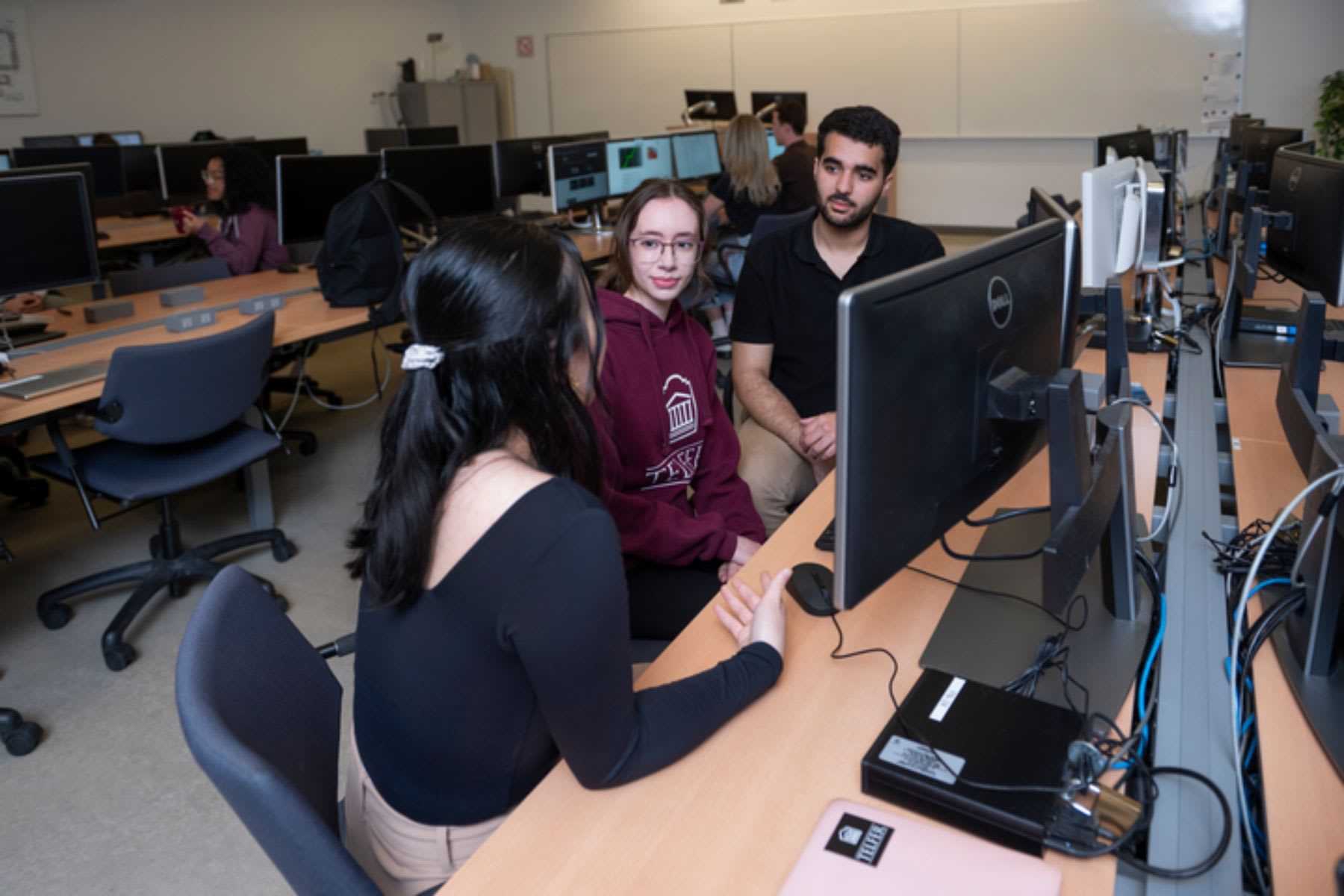 Two Telfer students sit in front of computers at the Financial Learning Lab in a discussion with a mentor. 