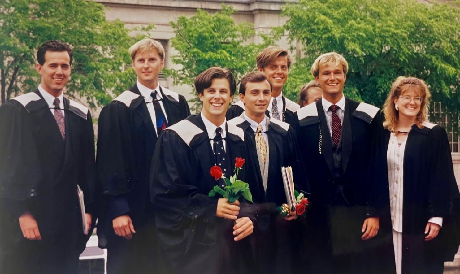 Stephan Born with his group of graduates in 1993 at the University of Ottawa A diverse group of graduates wearing caps and gowns, standing outdoors.