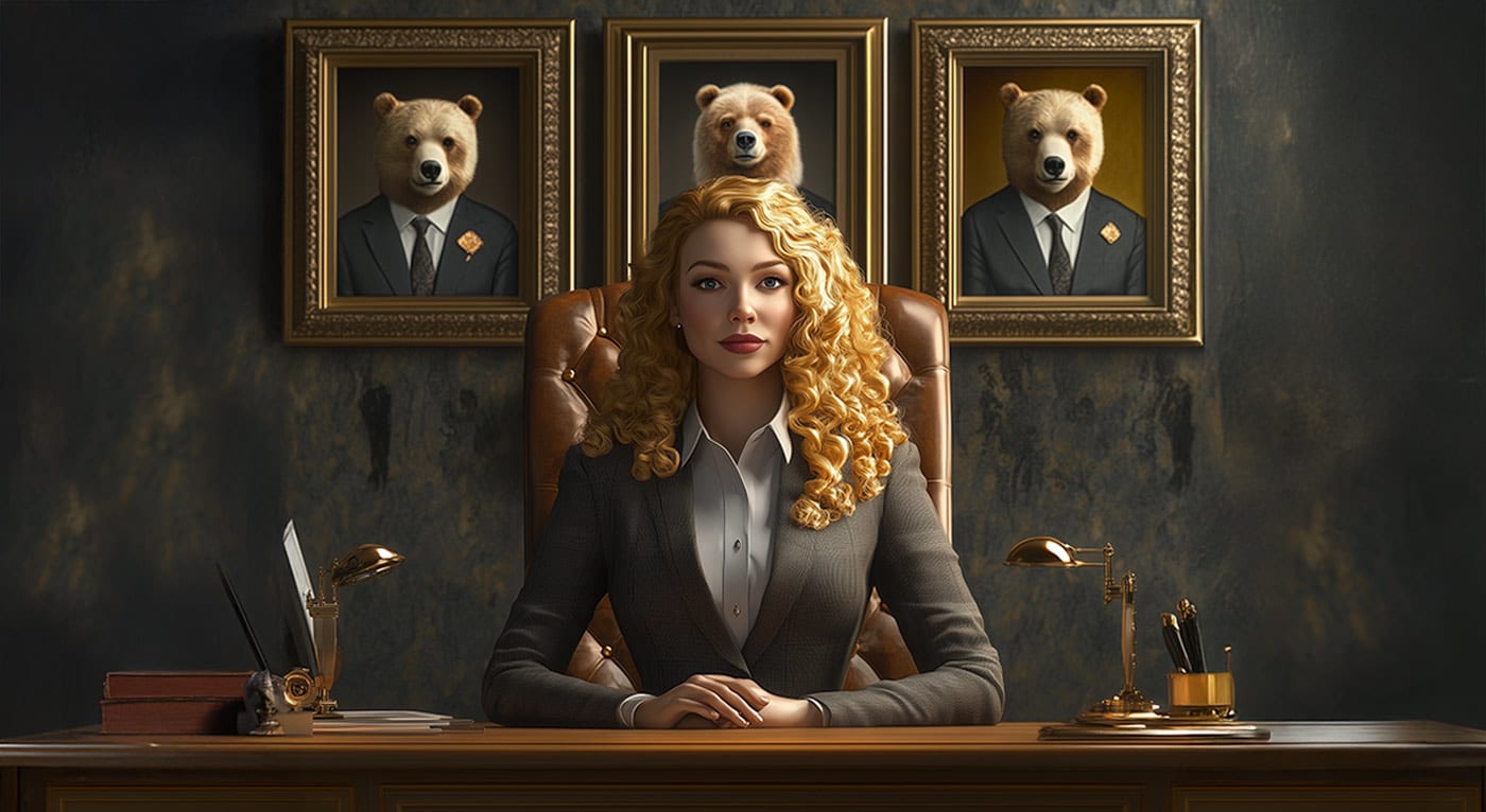 A confident woman in a suit sits at a desk. Behind her on the wall are three framed pictures of bears in business suits.