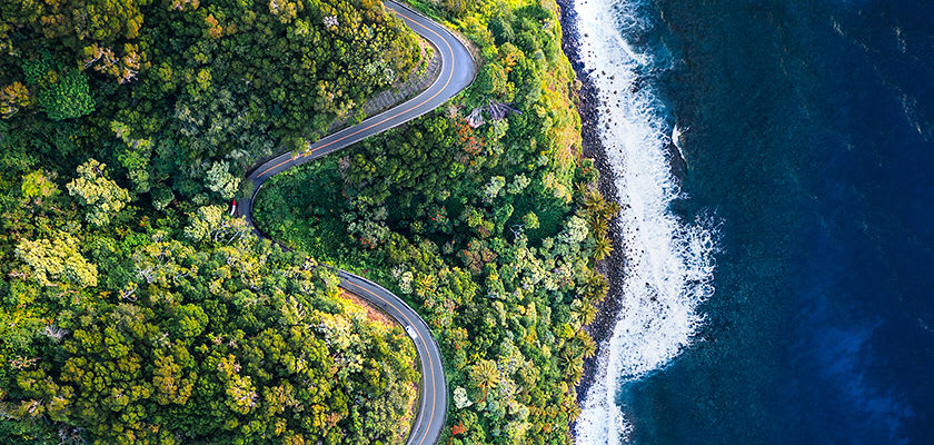 windy road on coastline of Hana Hawaii