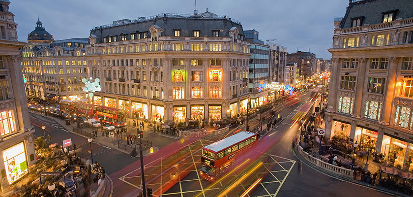 Rooftop view of busy Rupert Street in London at night