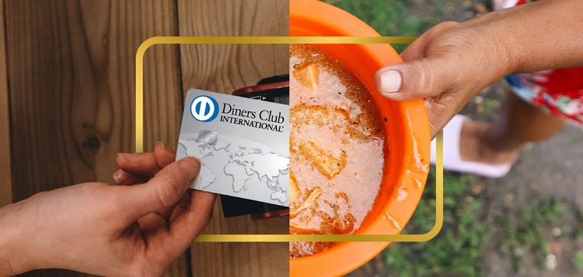 Diners Club International card being used to provide a meal through World Central Kitchen, symbolizing giving back and global food relief.