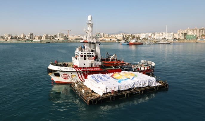 World Central Kitchen vessel delivering humanitarian food aid by sea, supporting disaster relief in coastal regions.