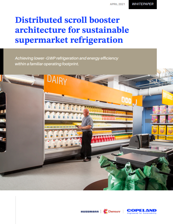 Distributed scroll booster architecture for sustainable supermarket refrigeration