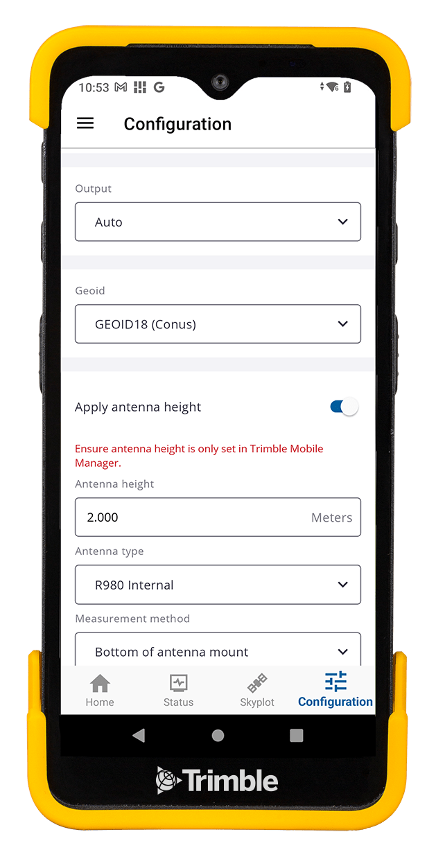 Device showing Trimble Mobile Manager on screen